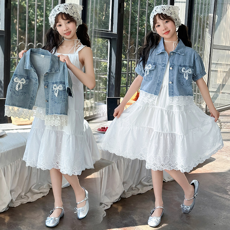 女童夏季牛仔马甲连衣裙套装2026新款儿童洋气背心夹克短袖裙子潮