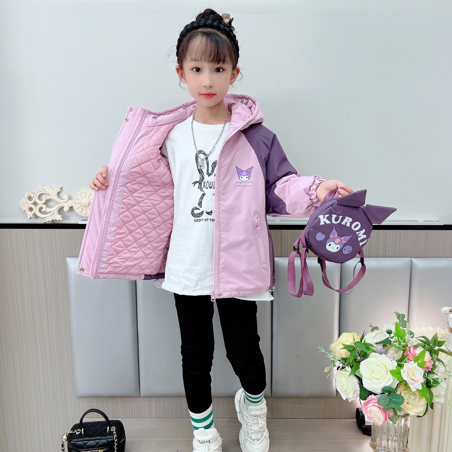 女童夹棉冲锋衣外套2025新款秋季洋气儿童加厚风衣中大童连帽上衣