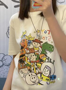 WHAT'S UP 自制玩具总动员涂鸦白色卡通印花男女宽松夏季短袖T恤