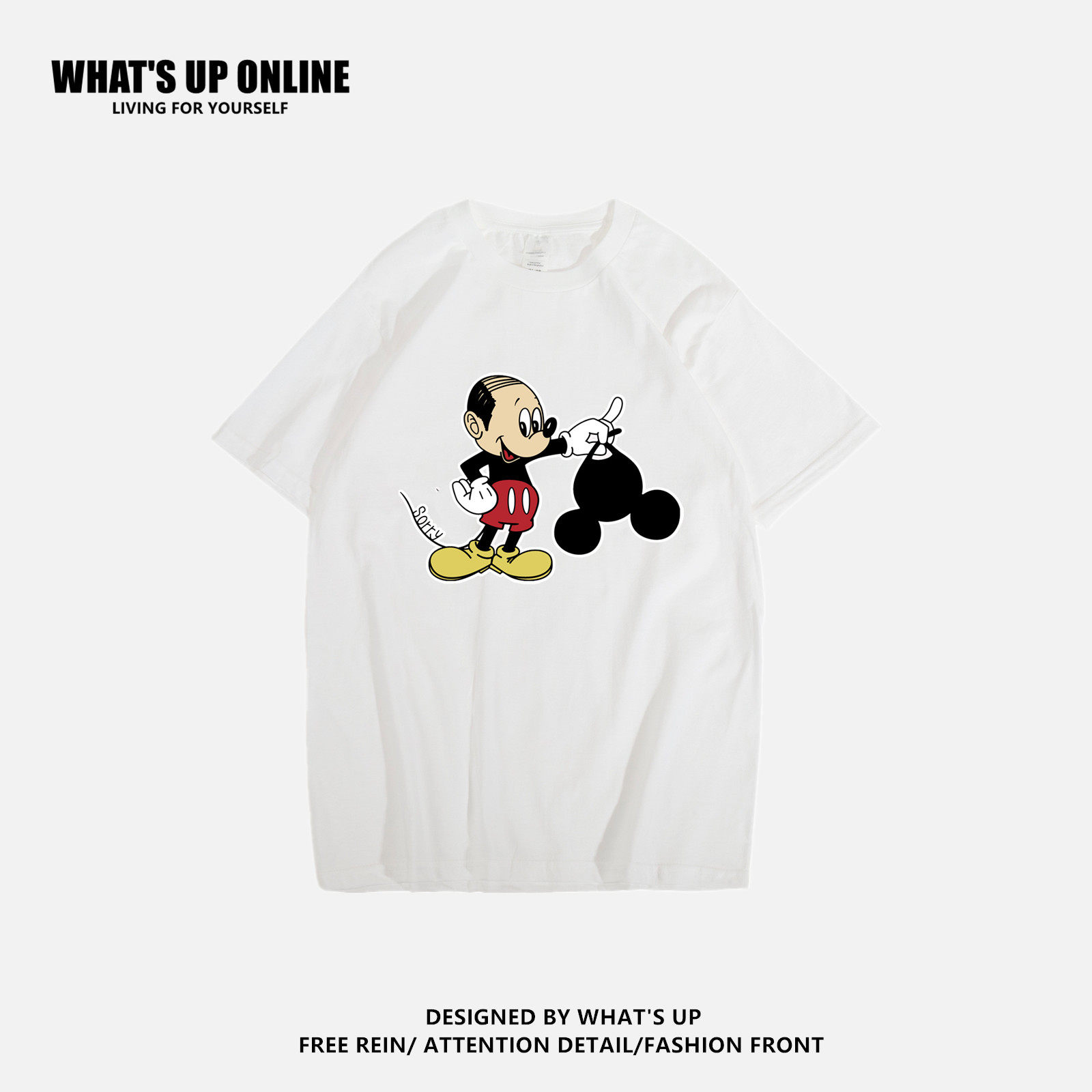 whats up 自制趣味米奇秃头恶搞印花 男女短袖纯棉圆领t恤情侣装