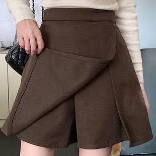 胖mm显瘦高腰A字短裙裤 设计感开叉毛呢半身裙女2024秋冬新款 大码