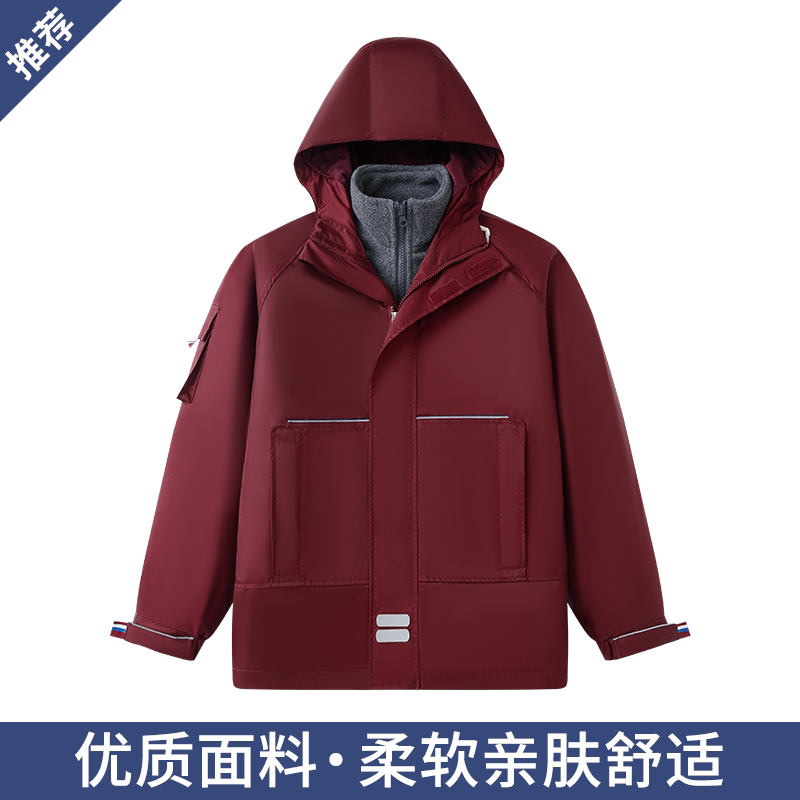 学生冬季脱卸外套枣红色冲锋衣