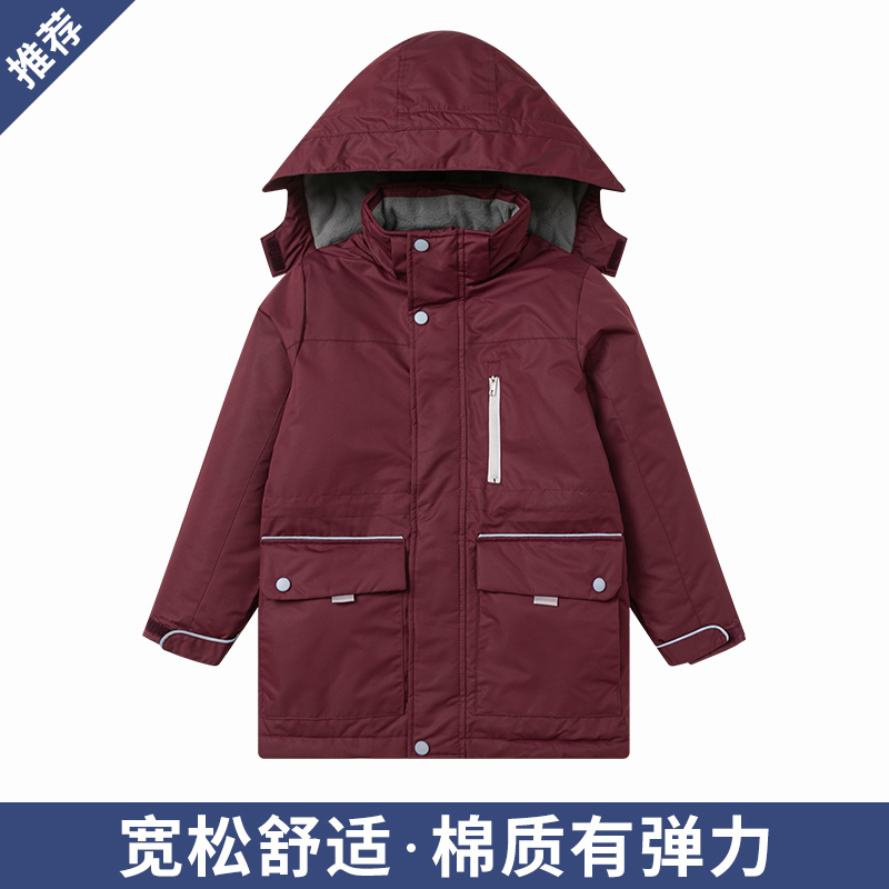 中小学生校服棉服冲锋衣枣红色男女童学生保暖连帽外套秋冬校服