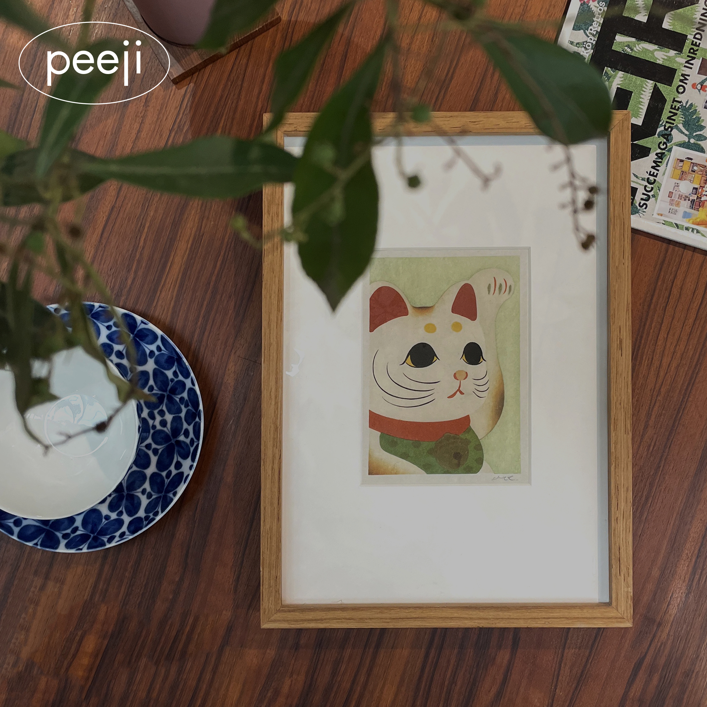 Peeji招财猫装饰画客厅现代简约 日式轻奢柚木挂画新年礼物招福图片