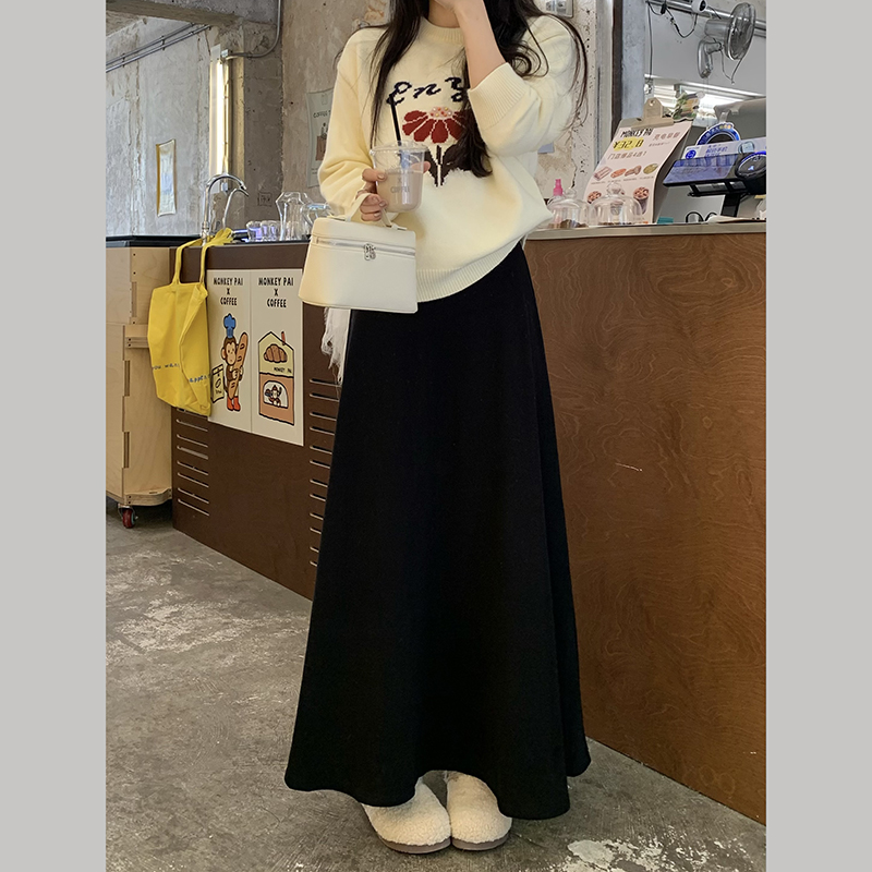 黑色一体绒空气层a字半身裙梨型身材遮胯秋冬韩式休闲松紧腰大摆
