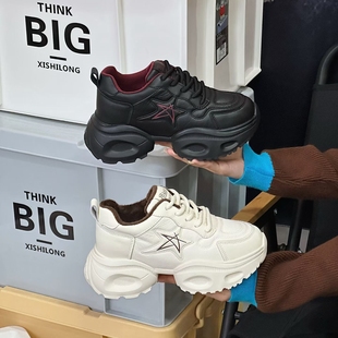 高鹏2025冬新款欧货真皮老爹鞋女加绒轻便厚底百搭休闲运动鞋2917