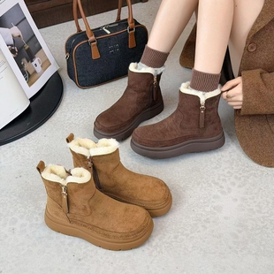 纤语佳丽2025冬羊猄绒雪地靴女圆头厚底防滑加厚保暖女棉靴559