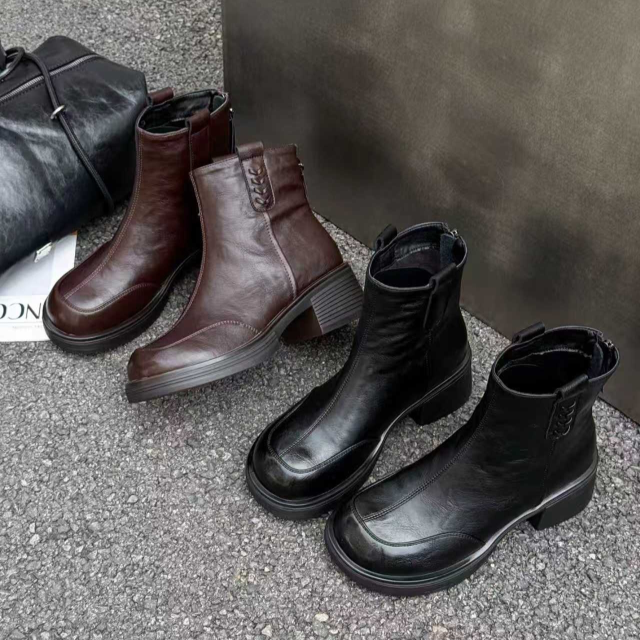 她菲娅2025冬新款欧货真皮马丁靴女英伦风粗跟厚底百搭女短靴391