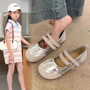 女童小皮鞋2026新款公主风软底单鞋秋季配裙子银色豆豆鞋儿童鞋子