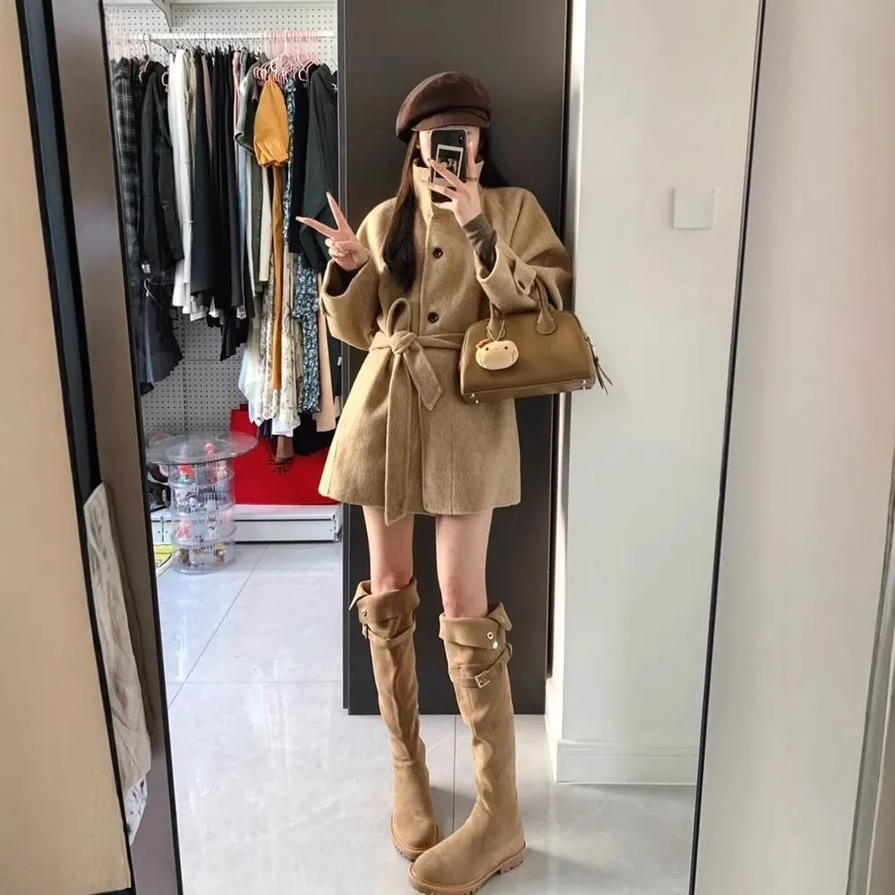 卡其色呢子大衣女秋冬2025新款毛呢外套感小个子短款韩系气质