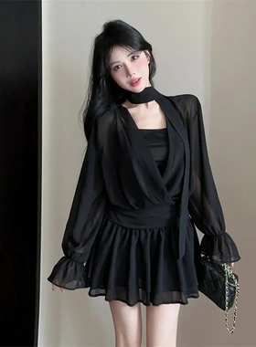 灰色飘带交叉v领长袖连衣裙女春秋气质贴身短裙名媛御姐风a字裙子