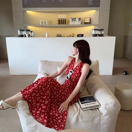 实拍~纯欲辣妹挂脖碎花露背叠穿度假氛围感连衣裙春夏长裙子78053