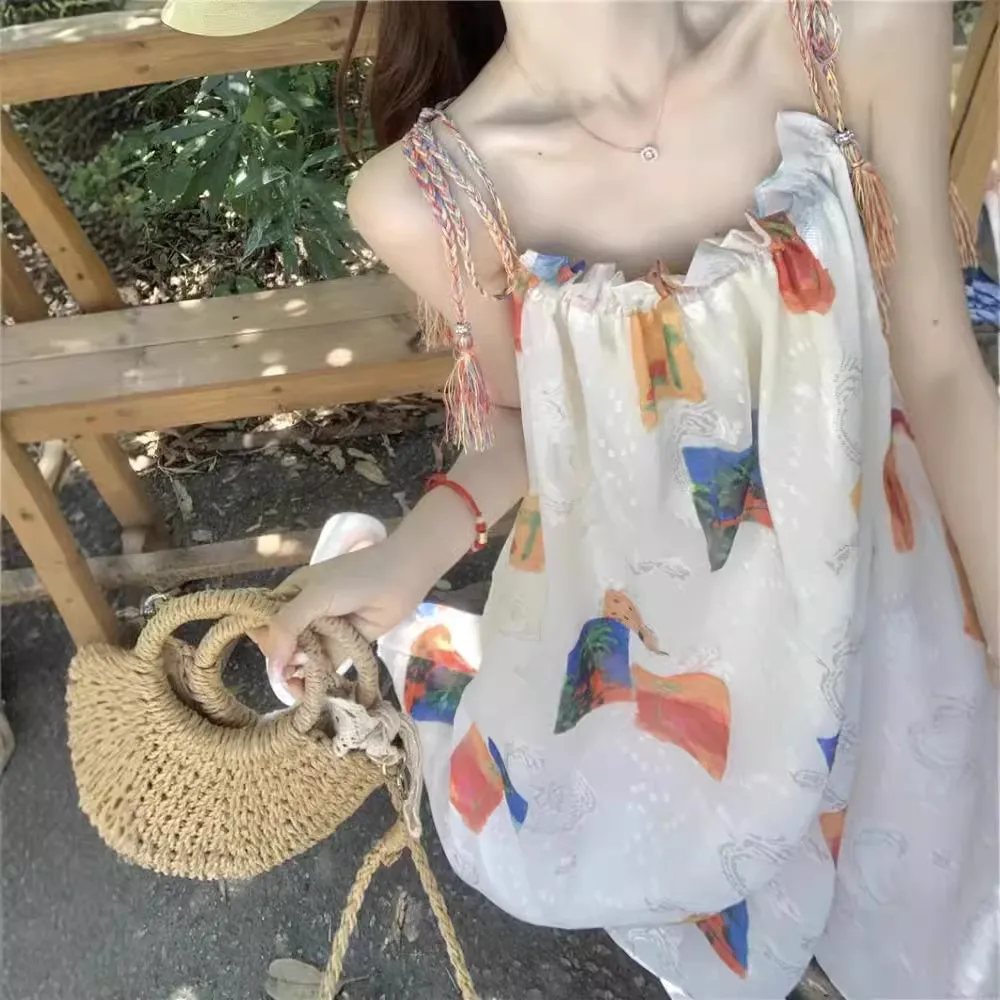 波西米亚风跨境设计感女装小个子海边度假沙滩吊带无袖背心连衣裙