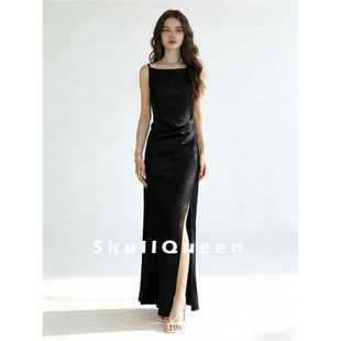 春夏款高端进口醋酸缎面一字领吊带连衣裙女褶皱收腰开衩包臀长裙