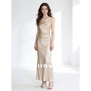 名媛风进口醋酸缎面无袖荡领连衣裙斜裁褶皱收腰长裙女宴会晚礼服