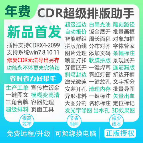 CDR一键排版软件UV巡边雕刻插件智能套料自动报价连筋钣金景观字