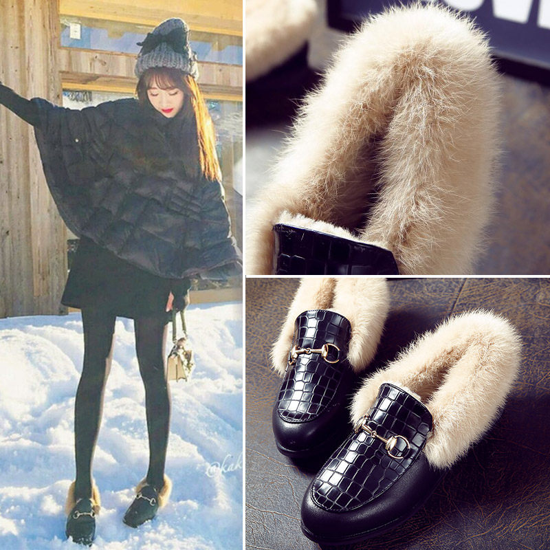 冬季兔毛豆豆鞋女加絨小皮鞋平底瓢鞋韓版樂福鞋壹腳蹬懶人毛毛鞋在類目 女鞋, 低幫鞋中 - 來自Buy2taobao.com提供專業的淘寶代購服務