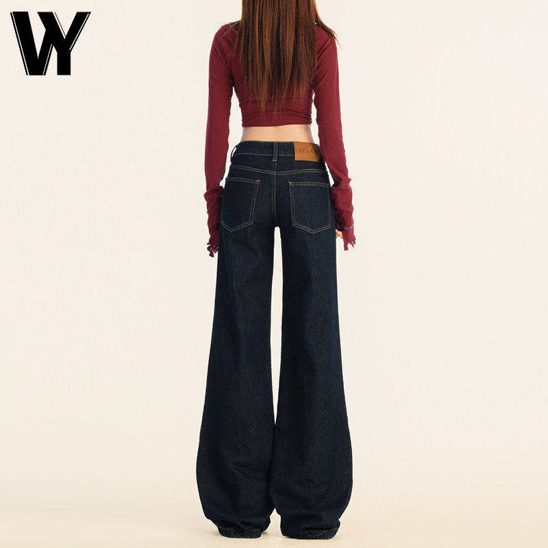 深蓝色低腰微喇牛仔裤女春季新款美式辣妹宽松不贴腿拖地喇叭裤子