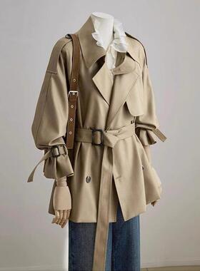 卡其色短款风衣外套女2025新款春秋系带小个子高级感英伦风短外套