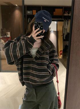 美式覆古条纹连帽卫衣拉炼毛衣外套女秋季设计感小众针织开衫上衣