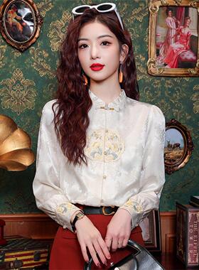春季新款中式立领绣花旗袍雪纺女衬衫百搭下摆衬衫系扣长袖上衣