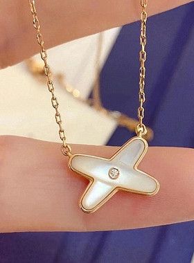 Liens缘系交叉白贝母项链女纯银玫瑰金镶钻X字母锁骨链简约高级感