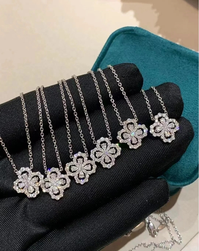 纯银四叶草项链 女满钻loop水滴花朵仿真钻吊坠锁骨链高级送女友