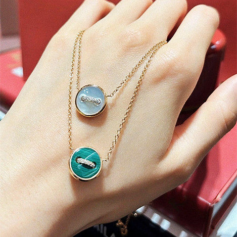 孔雀石袖扣项链 女纯银925玫瑰金镶钻白贝母绿松石锁骨链设计高级