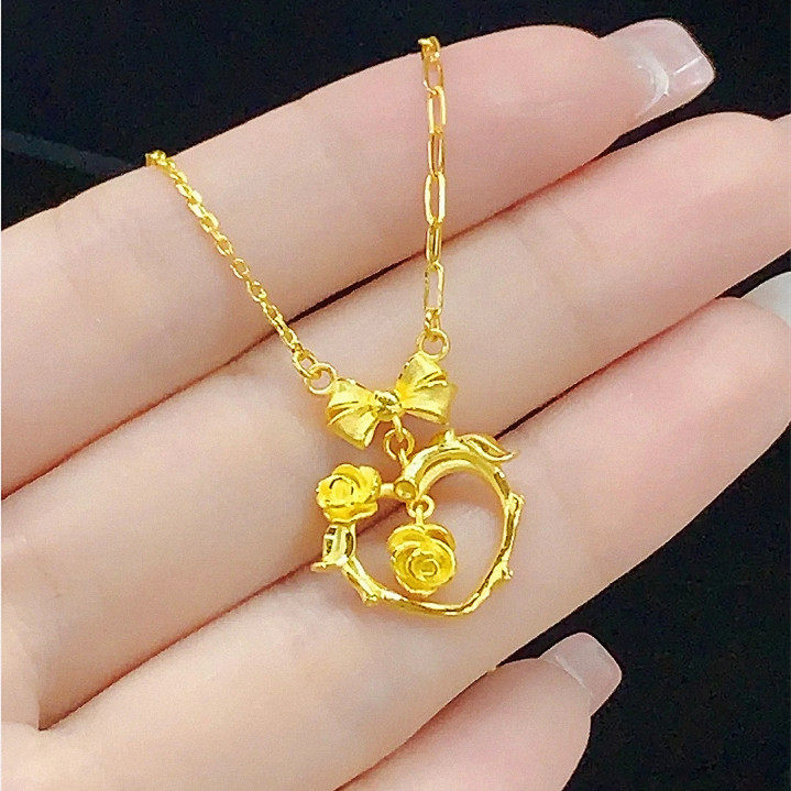 花漾心动玫瑰花项链女纯银镀黄金色蝴蝶结心形爱心锁骨链复古浪漫