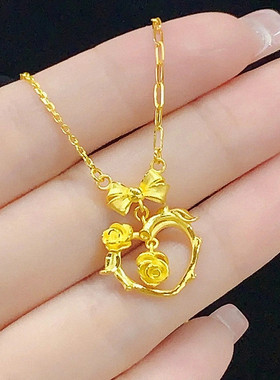 花漾心动玫瑰花项链女纯银镀黄金色蝴蝶结心形爱心锁骨链复古浪漫