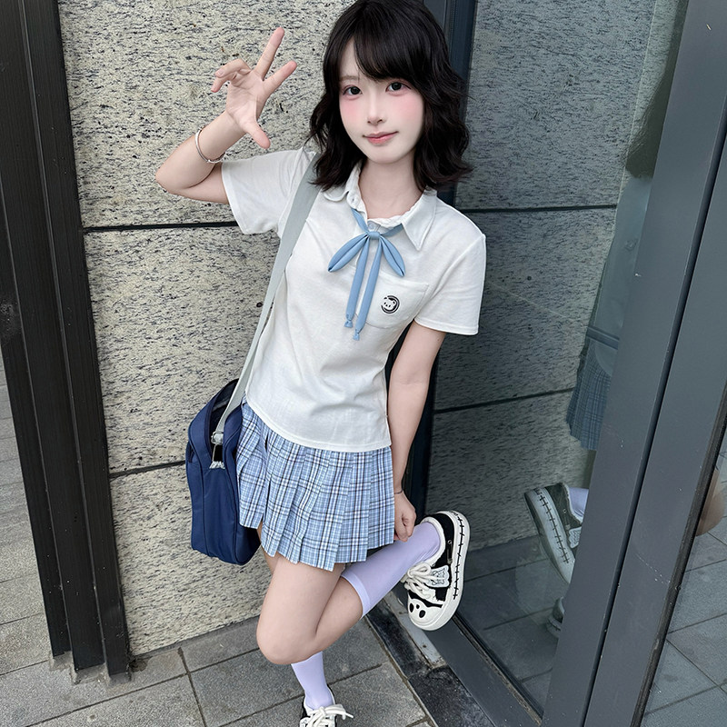 【小方糖】原创JK制服裙正版百褶裙女格裙弹力收腰校供感衬衫套装