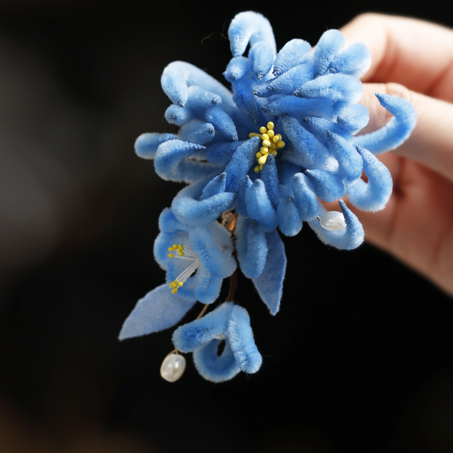 国风仿绒花蓝色菊花发夹