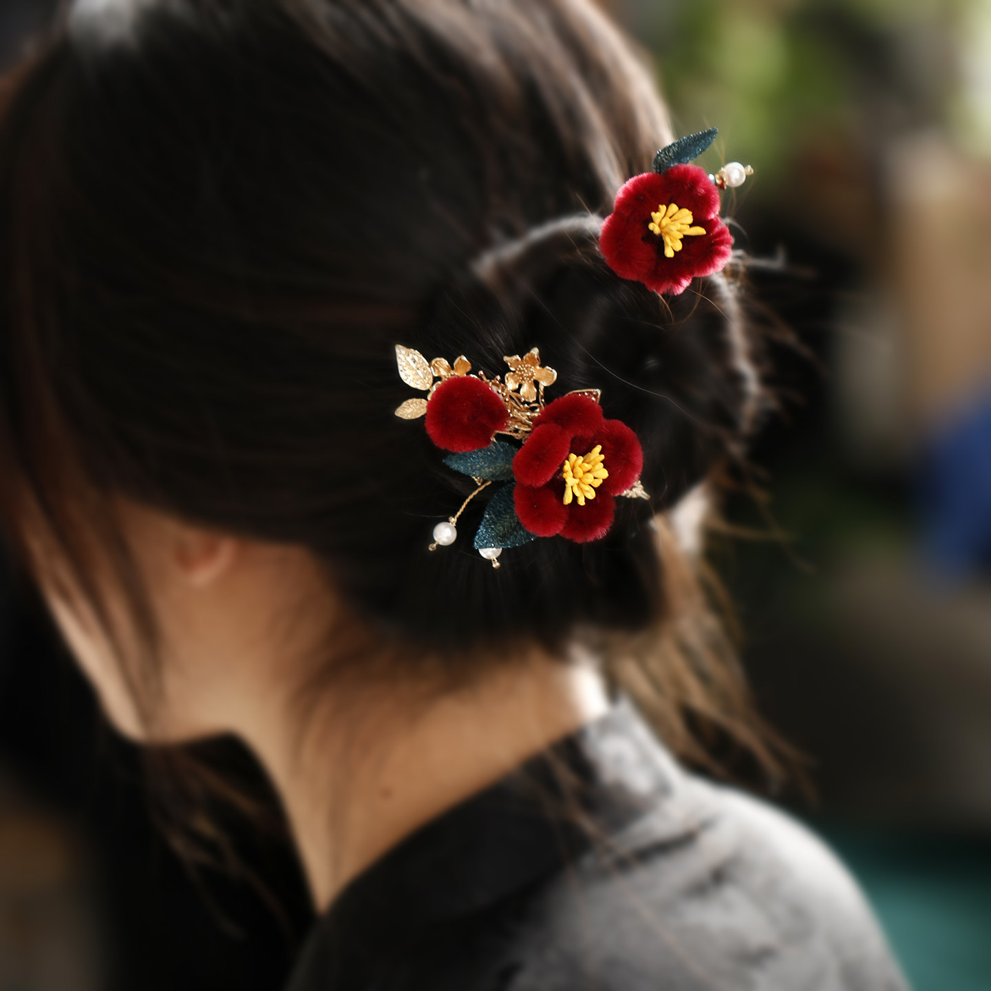 新中式红色仿绒花山茶花发夹