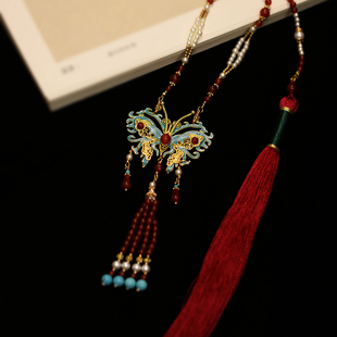 汉服马面裙配饰背云长璎珞项链烧蓝蝴蝶吊坠红色流苏古风配饰饰品