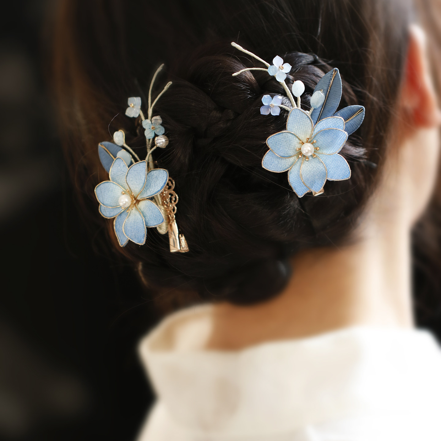 古风蓝色花朵珍珠对夹新娘头饰