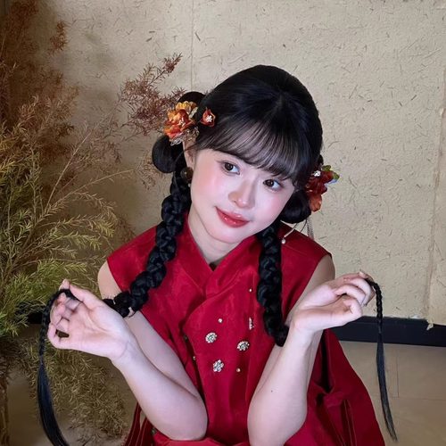 新中式橙色花朵发簪套装头饰