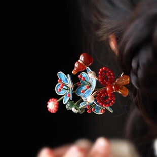 汝歌 古风新娘头饰红蓝中式发钗高级辑珠蝴蝶多宝发簪复古配旗袍