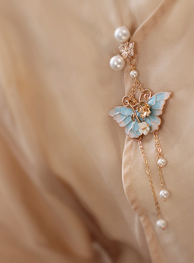 旗袍压襟挂饰汉服新中式胸针蓝色蝴蝶流苏挂件女吊坠挂坠胸前配饰