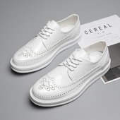 夏季 尖头发型师潮厚底男鞋 白色布洛克雕花休闲皮鞋 男增高英伦正装