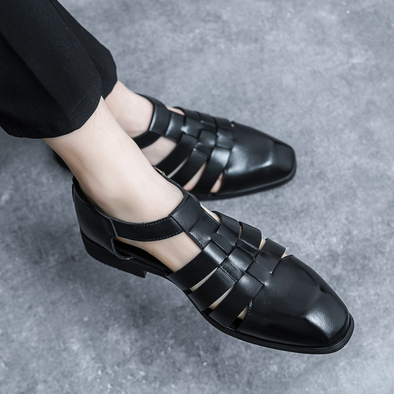 男士凉鞋2025新款夏季时尚休闲尖头小皮鞋防滑包头镂空透气皮凉鞋