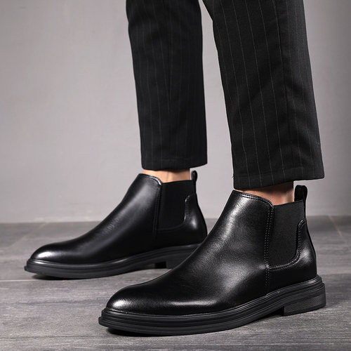 马丁靴短尖头春秋英伦加绒切尔西靴男士简约真皮高帮商务正装皮鞋