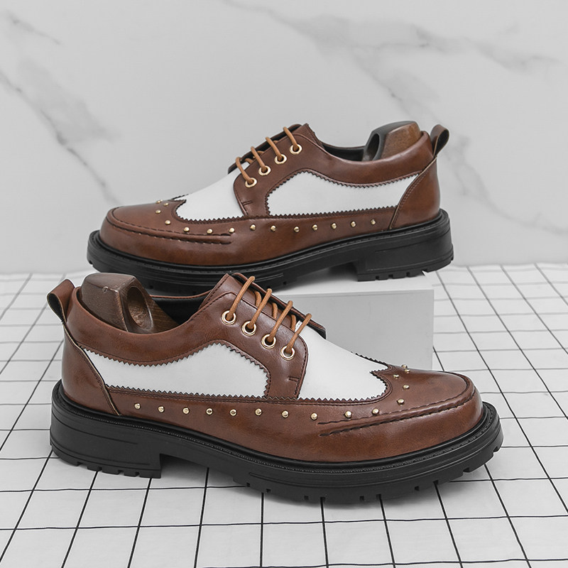 英伦风铆钉皮鞋男厚底增高休闲鞋复古拼色系带圆头布洛克雕花男鞋