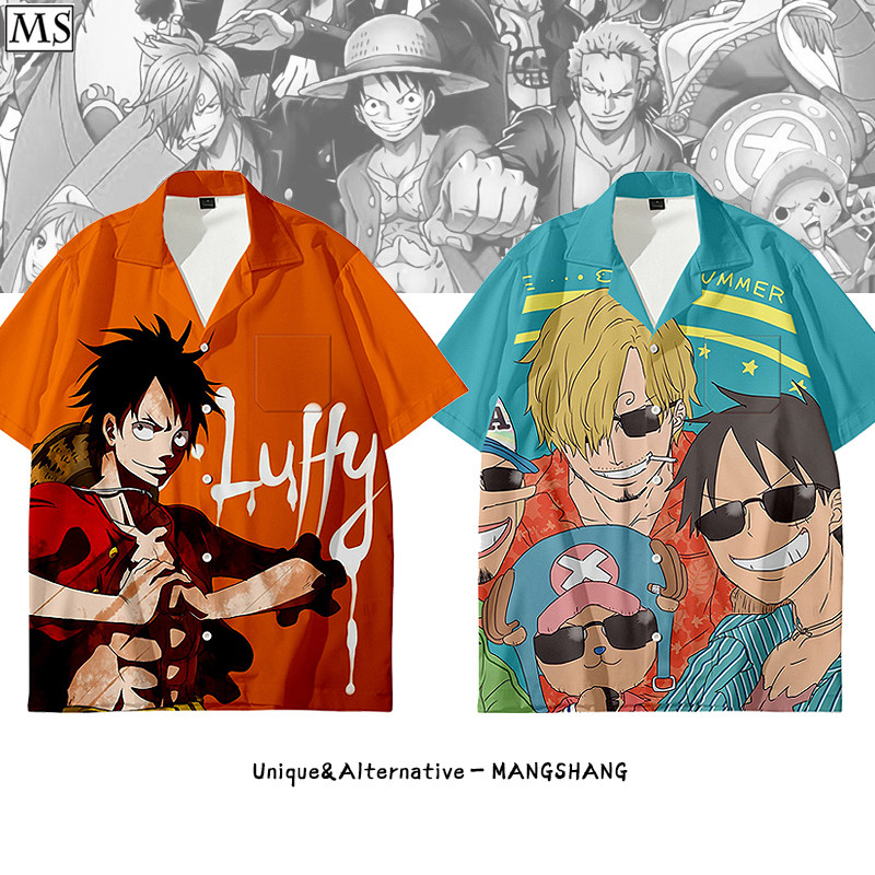 海贼王联名衬衫短袖索隆路飞乔巴萨博艾斯动漫沙滩休闲度假服