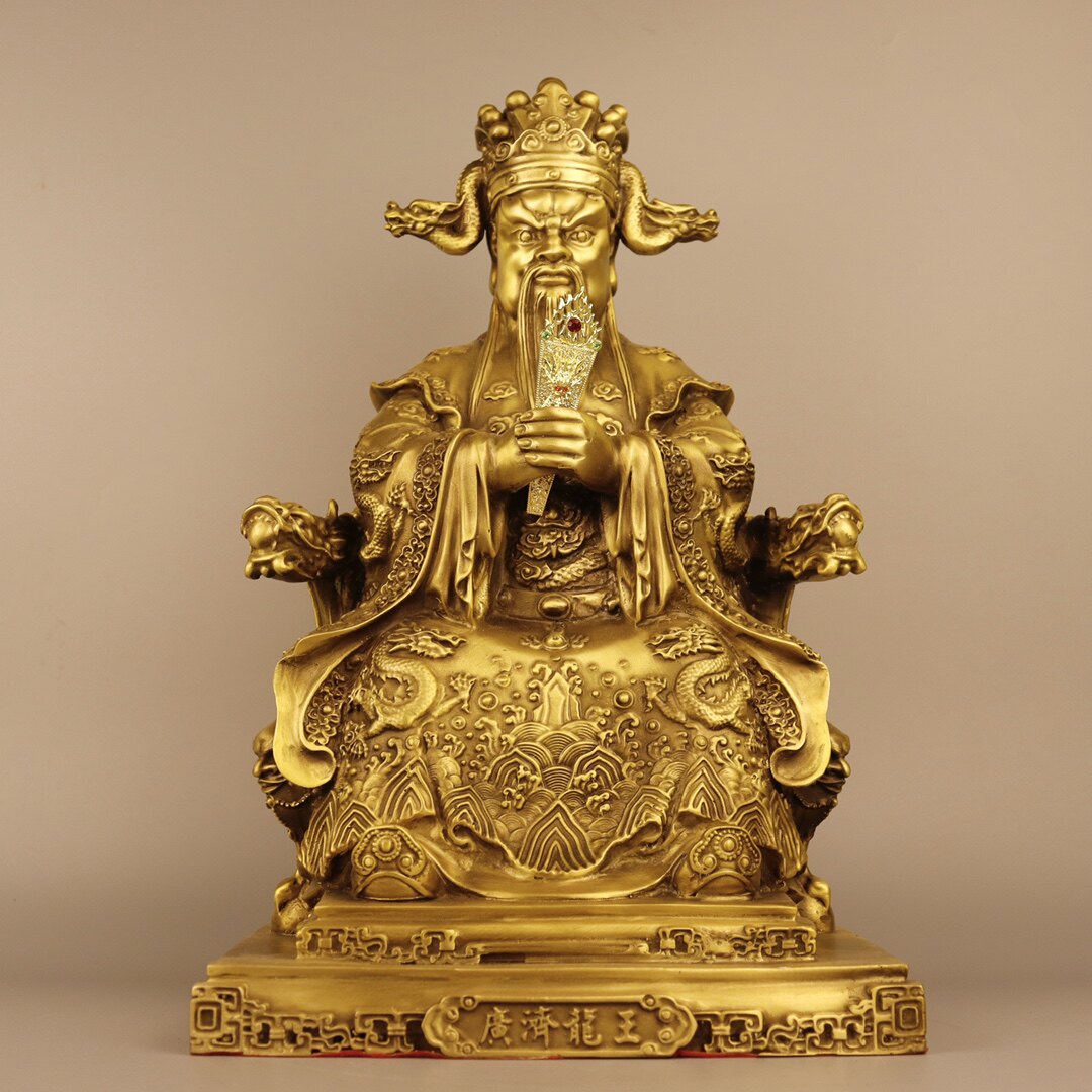 黄铜东海龙王摆件龙五爷四海龙王广济坐龙椅龙王家居吉祥供奉铜像