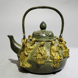古玩铜器收藏仿古纯黄铜仿紫铜鎏金八仙过海酒壶茶壶家居茶道摆件