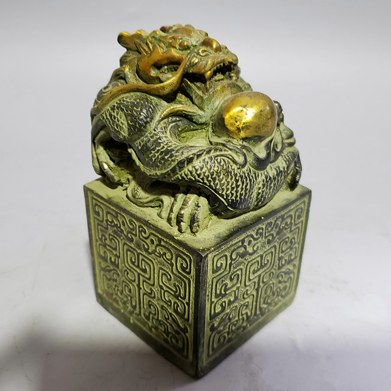 古玩古董仿古纯铜印章双龙戏珠印章 复古杂项收藏 风水工艺品摆件