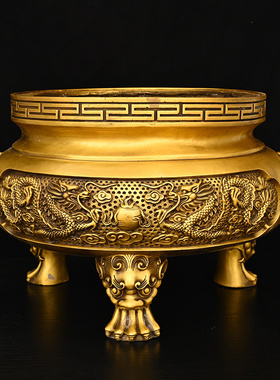 铜二龙戏珠香炉双龙纯黄铜特大小号香插香薰财神三足香炉家用寺庙