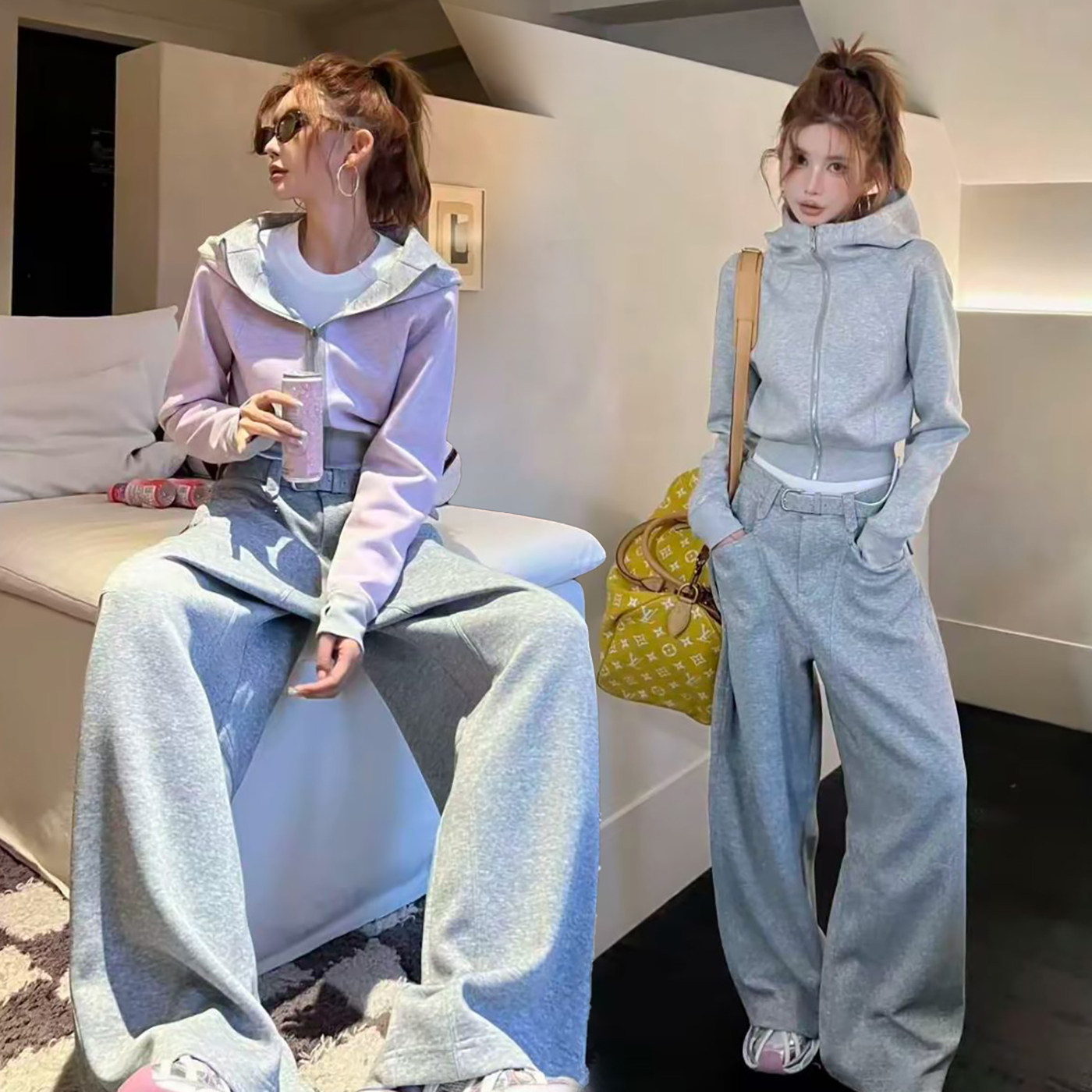 春秋新款时尚搭运动服套装女帅酷百显瘦连帽外套休闲弯刀裤两件套