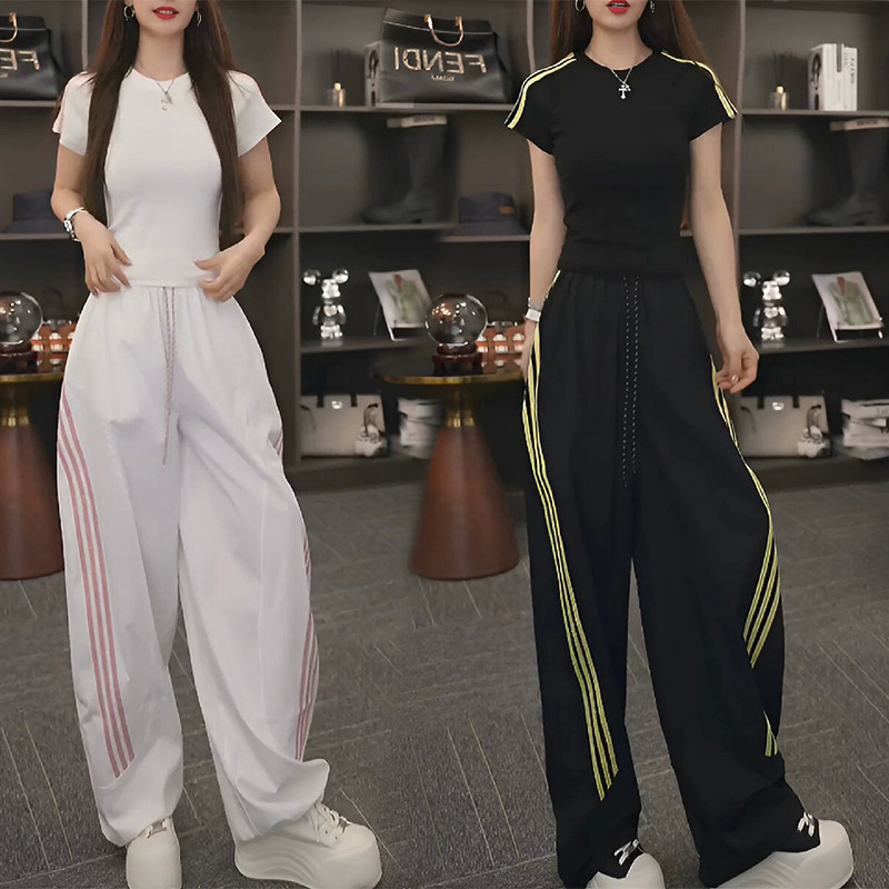 夏季修身撞色条纹速干裤两件套女