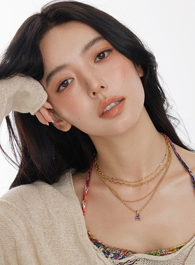 朝慕newmoon霓虹水晶天然蓝托帕紫水晶18K银镀金项链切割方糖项链